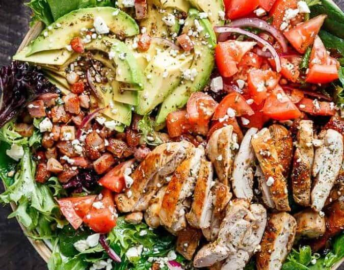 BLT Balsamic Chicken Avocado Feta Salad
